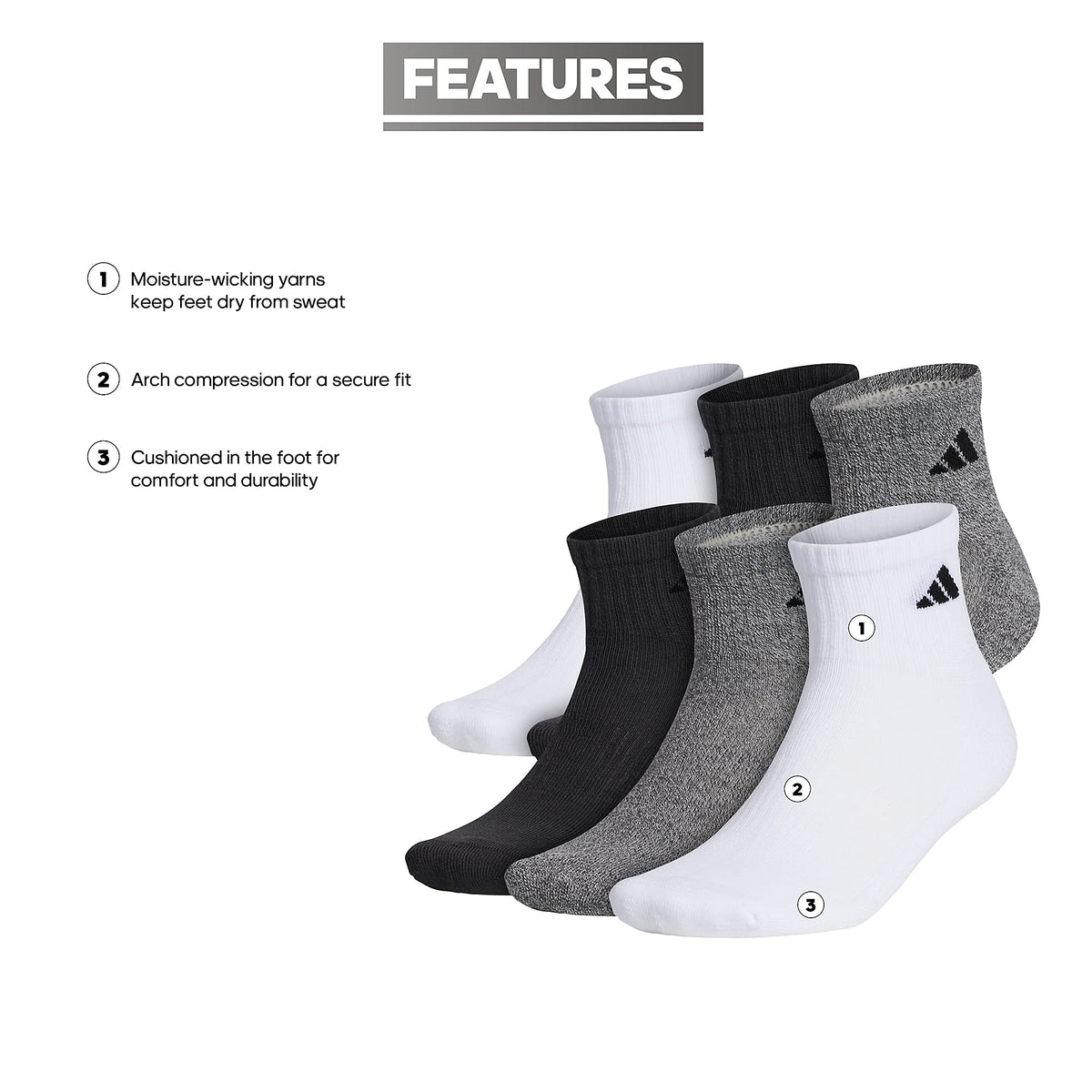 adidas Men's Athletic Cushioned Quarter Ankle Socks 6 Pairs