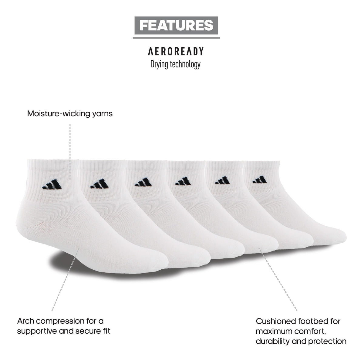 adidas Men's Athletic Cushioned Quarter Ankle Socks 6 Pairs