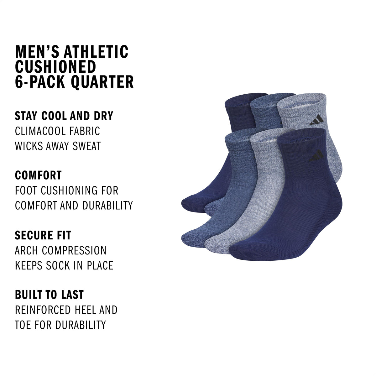 adidas Men's Athletic Cushioned Quarter Ankle Socks 6 Pairs
