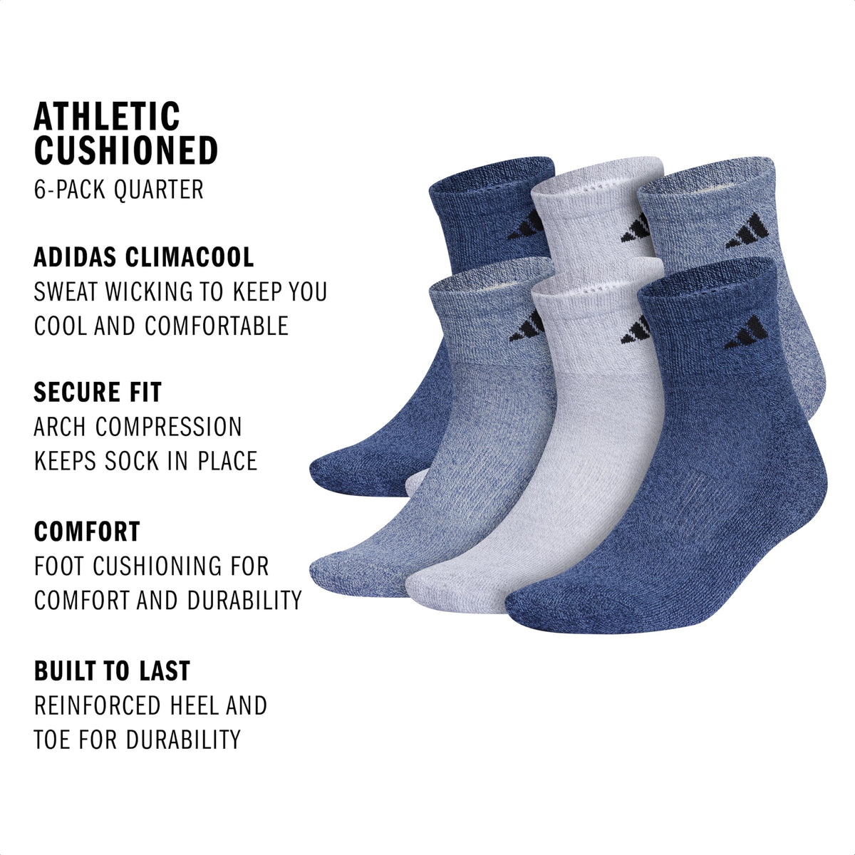 adidas Men's Athletic Cushioned Quarter Ankle Socks 6 Pairs
