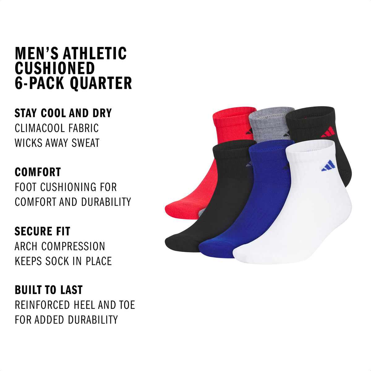 adidas Men's Athletic Cushioned Quarter Ankle Socks 6 Pairs