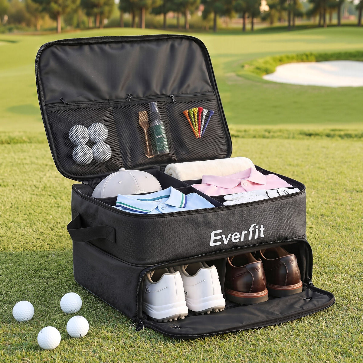 Everfit Golf Storage Bag 2-Tier Trunk Organizer with Ventilated Shoe Compartment Black