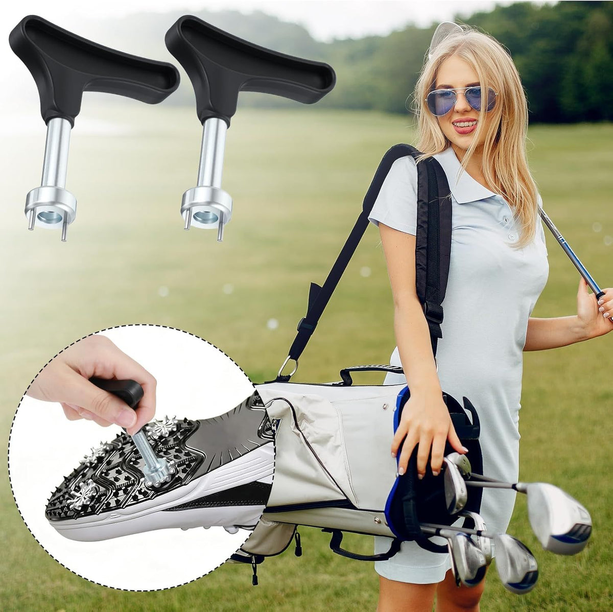 2 Pcs Golf Spike Removal Tool, Stainless Steel Golf Shoe Spikes Wrench, Multifunction Golf Wrench, Adjustment Cleat Key Remover for Spike Shoes (Universal, Black)