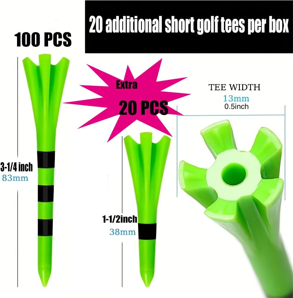120 Pack Plastic Golf Tees,Contain 100 pcs 3-1/4 Inch Unbreakable Long Tees and 20 Short Tees,Mixed Color,Frictional Resistance Reduction