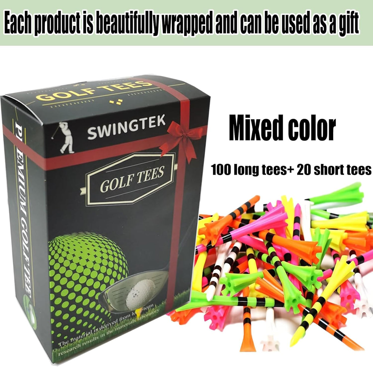 120 Pack Plastic Golf Tees,Contain 100 pcs 3-1/4 Inch Unbreakable Long Tees and 20 Short Tees,Mixed Color,Frictional Resistance Reduction