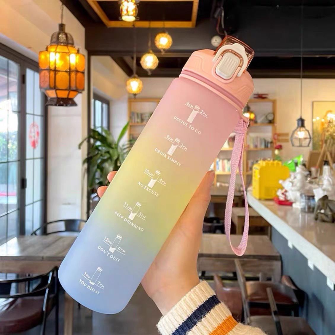 1L Water Bottles Big Water Bottle with Straw Travel Water Bottle with Time Marker Motivational Sports Water Bottle (Pink)
