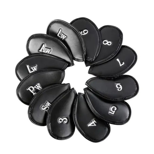12PCS PU Leather Golf Iron Head Covers Set Black with Velcro Closure