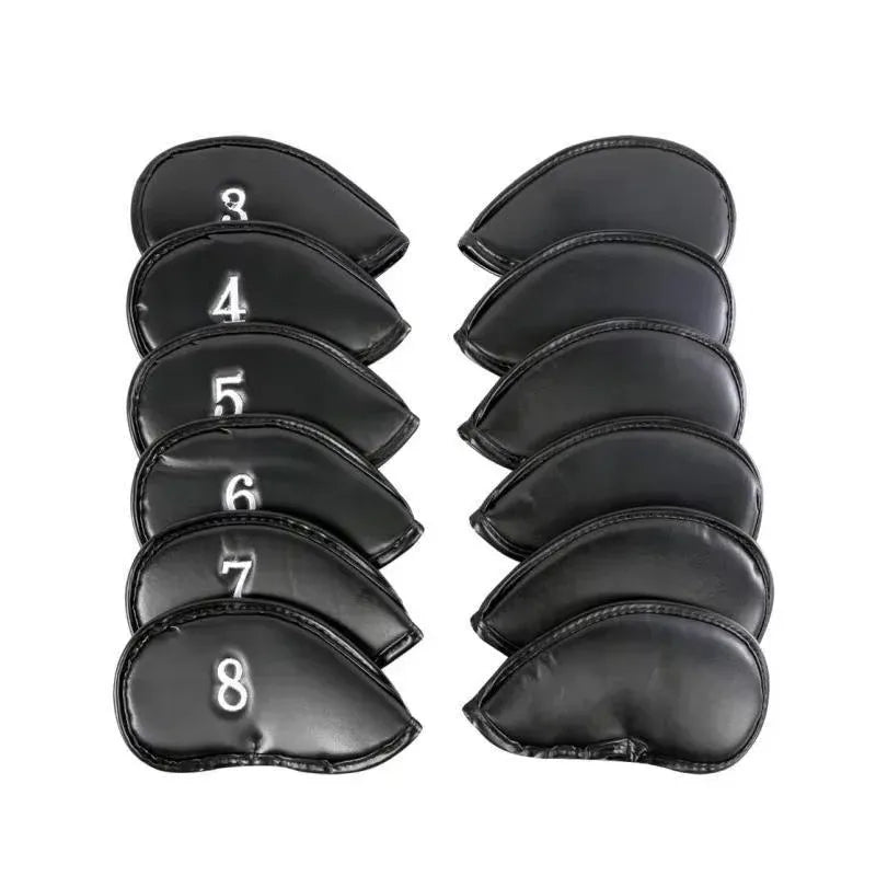 12PCS PU Leather Golf Iron Head Covers Set Black with Velcro Closure