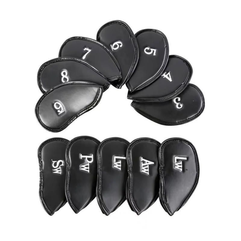 12PCS PU Leather Golf Iron Head Covers Set Black with Velcro Closure
