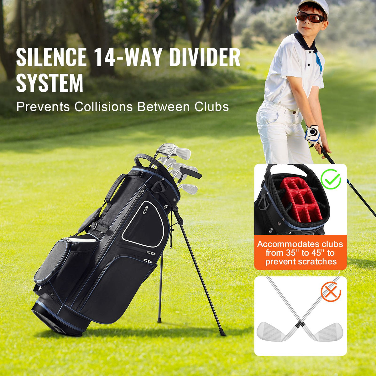 Golf Cart Bag with 14 Way Organizer Divider Top, 35” 11 Pockets Premium Cart Bag with Stand, Durable Golf Bags with Handles & Dust Cover & Detachable Dual Strap for Men & Women, Black White