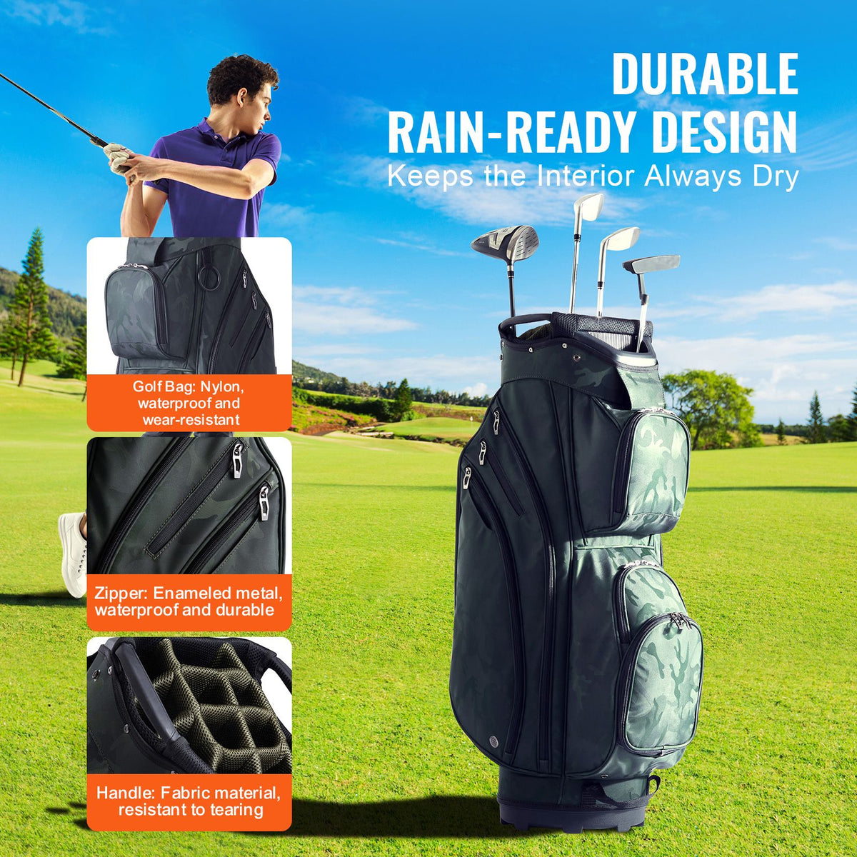 Golf Cart Bag with 14 Way Organizer Divider Top, 36” 11 Pockets Premium Nylon Cart Bag, Durable Golf Bags with Handles & Dust Cover & Detachable Straps for Men & Women, Army Green